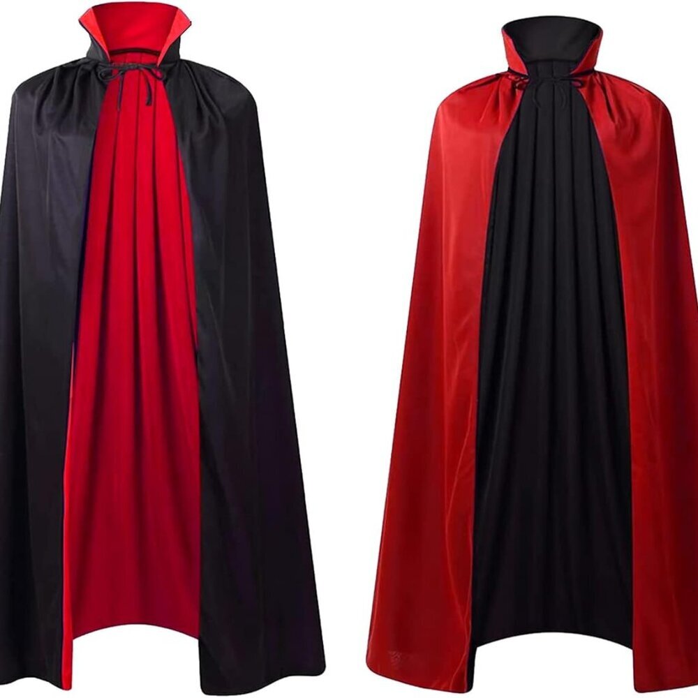 Stand Collar with Hood Reversible Cloak Masquerade Cape Costume, Black and Red